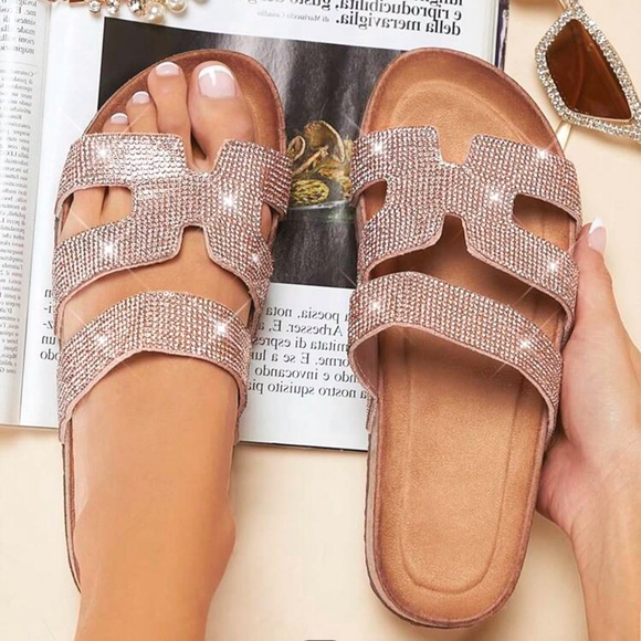 RoseGold Slide Flat Sandals with Rhinestones - Picture 2 of 5